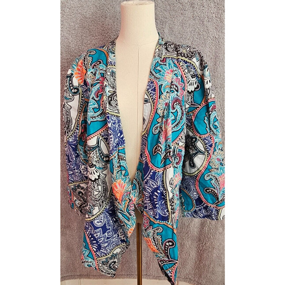 Chico's Paisley 100% Linen Drape Front 3/4 Sleeve Jacket Size 3 XL‎ Teal Blue - Picture 2 of 6